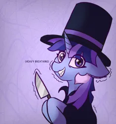 Size: 1550x1658 | Tagged: safe, artist:shepardinthesky, derpibooru import, oc, oc:flawless sparklemoon, unicorn, cape, clothes, grin, hat, horn, image, knife, png, shaking, sketch, smiling, top hat