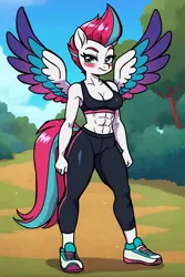 Size: 1872x2808 | Tagged: safe, ai content, derpibooru import, machine learning generated, prompter:bendy and boney, stable diffusion, zipp storm, anthro, pegasus, g5, abs, athletic, blushing, breasts, cleavage, clothes, colored wings, female, fit, generator:pony diffusion v6 xl, image, multicolored wings, outdoors, pants, png, shoes, slender, smug, solo, sports bra, spread wings, thin, wings