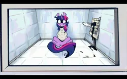 Size: 2800x1752 | Tagged: safe, artist:urbanqhoul, derpibooru import, twilight sparkle, pony, unicorn, alternate universe, bondage, evil grin, evil twilight, female, grin, horn, image, ink, insanity, jpeg, madness, mare, my little romance - princess, padded cell, pmv, quill, screenshots, scroll, smiling, straitjacket, teardrop, unicorn twilight, window