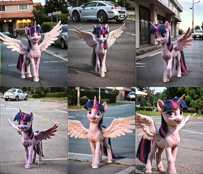 Size: 2016x1728 | Tagged: safe, ai content, derpibooru import, machine learning generated, prompter:yuduz367, twilight sparkle, twilight sparkle (alicorn), alicorn, pony, g4, car, collage, cute, cutie mark, detailed, detailed background, female, image, looking at you, mare, png, realistic, smiling, standing, vhs