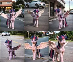 Size: 2016x1728 | Tagged: safe, ai content, derpibooru import, machine learning generated, prompter:yuduz367, twilight sparkle, twilight sparkle (alicorn), alicorn, pony, g4, car, collage, cute, cutie mark, detailed, detailed background, female, image, looking at you, mare, png, realistic, smiling, standing, vhs