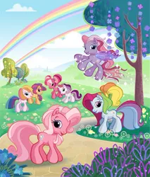 Size: 400x469 | Tagged: safe, artist:kathy carr, derpibooru import, cheerilee (g3), pinkie pie (g3), rainbow dash (g3), scootaloo (g3), starsong, sweetie belle (g3), toola roola, g3, 2008, core seven, g3.5, image, jpeg, rainbows, toola-roola, tree