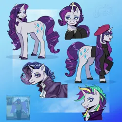 Size: 2500x2500 | Tagged: safe, artist:slapearl, derpibooru import, rarity, pony, unicorn, g4, alternate hairstyle, beatnik rarity, beret, blue background, bust, clothes, female, full body, hat, horn, image, jpeg, lips, mare, narrowed eyes, portrait, punk, raised hoof, raripunk, shirt, simple background, sweater