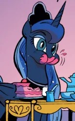 Size: 270x438 | Tagged: safe, derpibooru import, princess luna, alicorn, cake, cheek bulge, crown, cute, food, image, jewelry, jpeg, lunabetes, messy eating, regalia