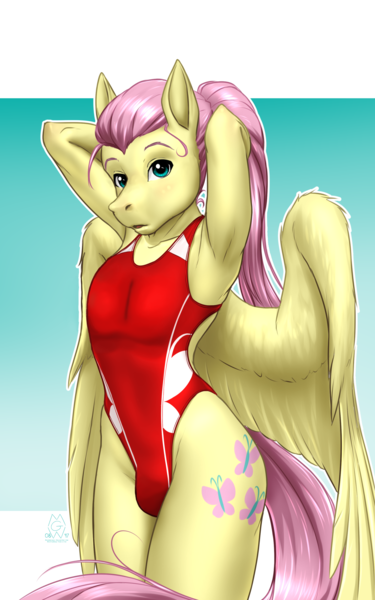 Size: 1800x2880 | Tagged: suggestive, anonymous editor, artist:mykegreywolf, derpibooru import, edit, fluttershy, anthro, pegasus, g4, /trash/, 4chan, armpits, butterscotch, clothes, crossdressing, crossgender, crotch bulge, femboy, high-cut clothing, image, looking at you, male, one-piece swimsuit, open mouth, png, ponytail, rule 63, solo, sports swimsuit, stupid sexy butterscotch, swimsuit