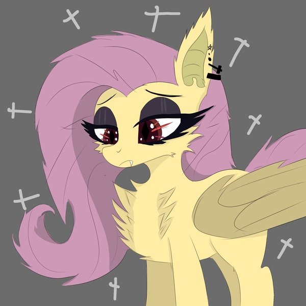 Size: 2048x2048 | Tagged: safe, artist:wornpaladin, artist:worny, derpibooru import, fluttershy, bat pony, pegasus, pony, undead, vampire, g4, bat ponified, bedroom eyes, colored, cross, eyelashes, eyeshadow, female, flutterbat, goth, gray background, grey eyeshadow, image, jpeg, makeup, piercing, race swap, simple background, sketch, solo