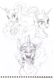 Size: 2703x3946 | Tagged: safe, artist:ciaran, derpibooru import, nightmare moon, alicorn, pony, g4, derpibooru exclusive, eyeshadow, female, helmet, illustration, image, lidded eyes, long mane, looking at you, makeup, mare, mlp fim's fourteenth anniversary, open mouth, pencil drawing, peytral, png, sharp teeth, simple background, sketch, sketch dump, smiling, solo, sternocleidomastoid, teeth, traditional art, white background