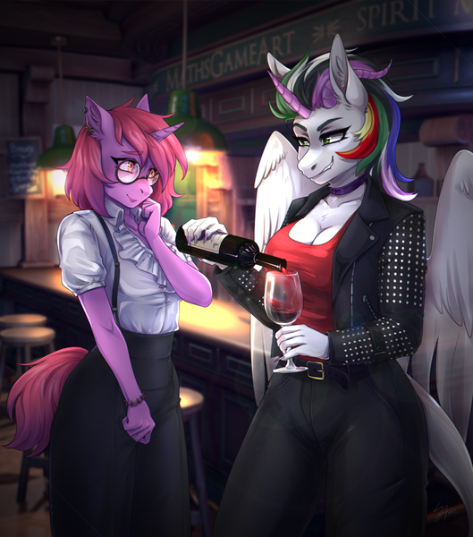 Size: 1500x1700 | Tagged: safe, artist:serodart, derpibooru import, oc, oc:izma acid, oc:soules phantom, unofficial characters only, anthro, original species, unicorn, alcohol, bar, bottle, choker, clothes, commission, drink, glass, glasses, horn, image, jacket, leather, leather jacket, png, shy, smiling, wine, wine bottle, wine glass, wings