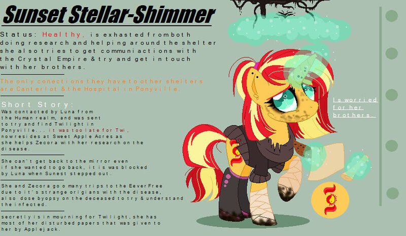 Size: 852x496 | Tagged: semi-grimdark, artist:nightlightapocalypse, derpibooru import, sunset shimmer, pony, unicorn, g4, altered cutie mark, alternate hairstyle, alternate magic color, bandage, clothes, female, force field, glow, glowing horn, gold coat, green background, horn, image, implied applejack, implied canterlot, implied crystal empire, implied death, implied everfree forest, implied mirror, implied ponyville, implied princess luna, implied sweet apple acres, implied twilight sparkle, implied zecora, infection au, jpeg, magic, ponytail, red mane, scroll, shoes, simple background, sweater, teal eyes, telekinesis, the angel disease, two toned mane, writing, yellow mane