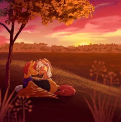 Size: 1020x1024 | Tagged: safe, artist:brooke mccan, derpibooru import, applejack, oc, oc:cave glider, eyes closed, field, image, jpeg, nuzzling, ship:caveapple, shipping, sunset