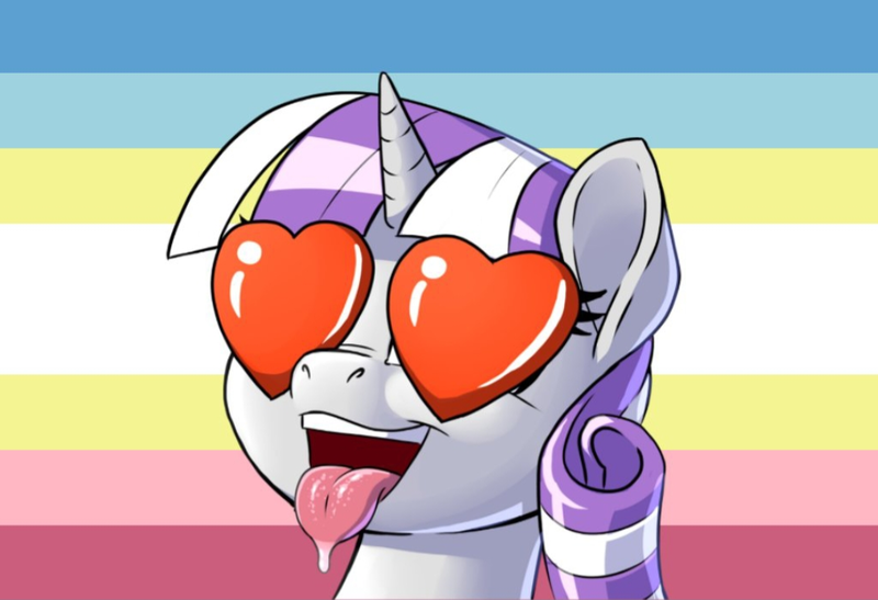 Size: 1080x739 | Tagged: suggestive, alternate version, anonymous editor, artist:pusspuss, edit, ponerpics import, twilight velvet, pony, unicorn, ahegao, bust, drool, female, flag, flag background, heart eyes, image, map flag, maps pride flag, mother, open mouth, png, portrait, simple background, smiling, solo, tongue out, wingding eyes