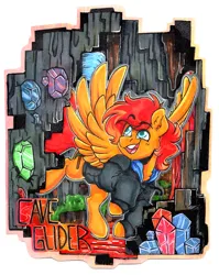 Size: 4083x5139 | Tagged: safe, artist:twisted-sketch, derpibooru import, oc, oc:cave glider, badge, cave, clothes, flying, gem, happy, hoodie, image, large wings, name, png, wings