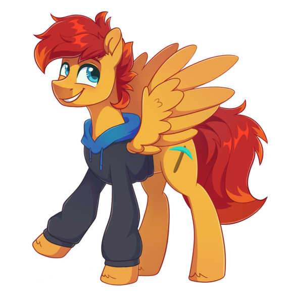 Size: 1750x1817 | Tagged: safe, artist:skysorbett, derpibooru import, oc, oc:cave glider, pegasus, clothes, happy, hoodie, image, looking up, pegasus oc, pickaxe, png, simple background, smiling, spread wings, standing, transparent background, wings