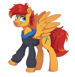 Size: 1750x1817 | Tagged: safe, artist:skysorbett, derpibooru import, oc, oc:cave glider, pegasus, clothes, happy, hoodie, image, looking up, pegasus oc, pickaxe, png, simple background, smiling, spread wings, standing, transparent background, wings