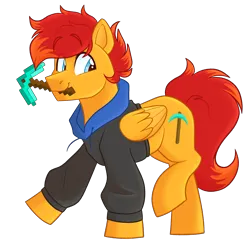 Size: 2376x2301 | Tagged: safe, artist:slushpony, derpibooru import, oc, oc:cave glider, pegasus, clothes, commission, folded wings, happy, holding in mouth, hoodie, image, looking at you, minecraft, pegasus oc, pickaxe, png, smiling, wings