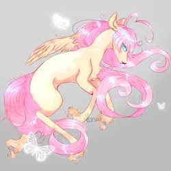 Size: 1024x1024 | Tagged: safe, artist:hoszzek, derpibooru import, fluttershy, butterfly, insect, pegasus, pony, g4, butterfly on nose, chest fluff, female, floating wings, gray background, image, insect on nose, mare, png, simple background, solo, unshorn fetlocks, wings