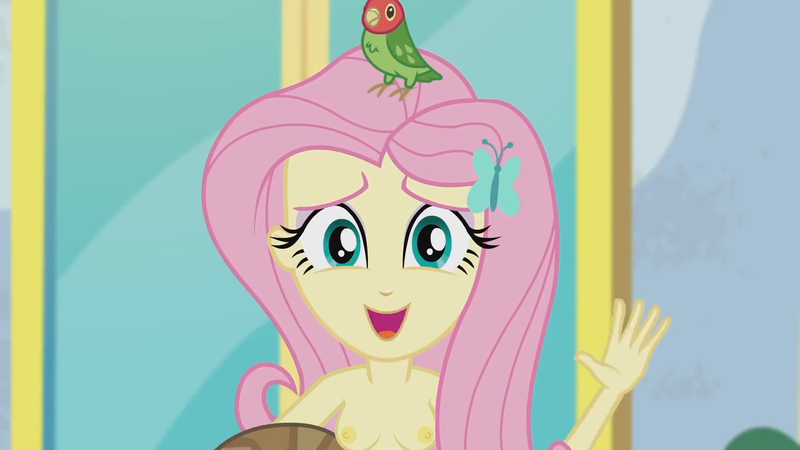 Size: 1920x1080 | Tagged: questionable, derpibooru import, edit, edited screencap, screencap, fluttershy, bird, human, parrot, turtle, equestria girls, equestria girls series, g4, outtakes (episode), areola, bird on head, breasts, butterfly hairpin, chest fluff, eyeshadow, female, grin, hairpin, holding an animal, image, looking at you, makeup, my little pony equestria girls: better together, nervous, nervous grin, nipples, nude edit, nudity, outdoors, png, reasonably sized breasts, smiling, waving