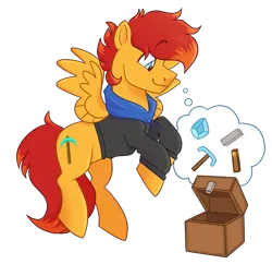 Size: 2075x2011 | Tagged: safe, artist:slushpony, derpibooru import, oc, oc:cave glider, unofficial characters only, pony, clothes, commission, flying, happy, hoodie, image, looking down, male, minecraft, pickaxe, png, smiling, spread wings, stallion, wings