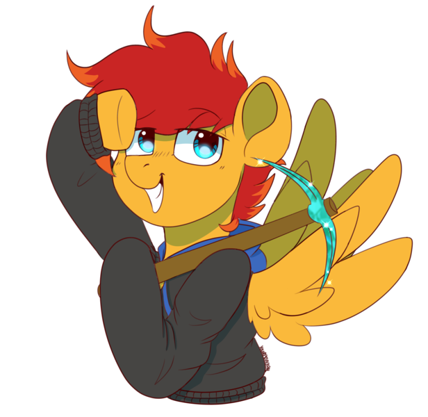 Size: 1869x1821 | Tagged: safe, artist:yourpennypal, derpibooru import, oc, oc:cave glider, unofficial characters only, pegasus, pony, bust, image, looking at you, male, pegasus oc, pickaxe, png, portrait, salute, smiling, smiling at you, spread wings, stallion, stallion oc, wings