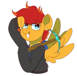 Size: 1869x1821 | Tagged: safe, artist:yourpennypal, derpibooru import, oc, oc:cave glider, unofficial characters only, pegasus, pony, bust, image, looking at you, male, pegasus oc, pickaxe, png, portrait, salute, smiling, smiling at you, spread wings, stallion, stallion oc, wings