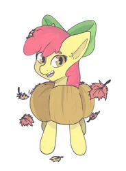 Size: 3230x4400 | Tagged: safe, artist:tkshoelace, derpibooru import, apple bloom, earth pony, pony, g4, adorabloom, bow, cute, ear fluff, falling leaves, female, floppy ears, hair bow, image, leaves, mlp fim's fourteenth anniversary, png, pumpkin, simple background, solo, white background