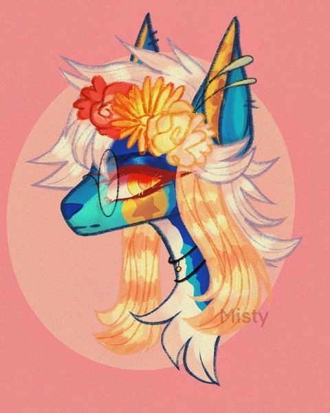 Size: 1440x1800 | Tagged: safe, artist:misty.mooon, derpibooru import, oc, unofficial characters only, pony, abstract background, bust, chest fluff, female, floral head wreath, flower, glasses, image, jewelry, jpeg, mare, necklace, round glasses, solo