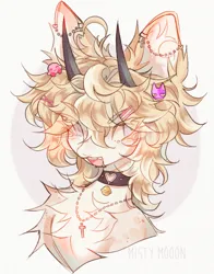 Size: 1155x1474 | Tagged: safe, artist:misty.mooon, artist:mistymoonqwq, derpibooru import, oc, unofficial characters only, pony, abstract background, bell, bell collar, bust, chest fluff, collar, curved horn, ear piercing, earring, horn, horns, image, jewelry, jpeg, necklace, piercing, solo