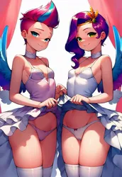 Size: 704x1024 | Tagged: prompter needed, source needed, suggestive, ai content, derpibooru import, machine learning generated, pipp petals, zipp storm, pegasus, equestria girls, g4, g5, clothes, dress, dress lift, female, image, jpeg, legs, looking at you, panties, panty shot, siblings, sisters, skirt, smiling, socks, standing, thigh highs, underwear, upskirt