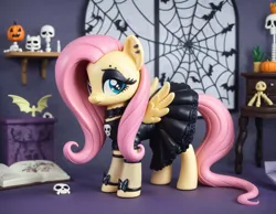 Size: 1728x1344 | Tagged: safe, ai content, derpibooru import, machine learning generated, stable diffusion, fluttershy, bat, pegasus, pony, g4, black dress, black eyeshadow, blurry background, book, choker, chokershy, clothes, cutie mark accessory, dress, ear piercing, eyebrow piercing, eyeshadow, female, figurine, fishnet clothing, fluttergoth, frown, full body, generator:pony diffusion v6 xl, halloween, holiday, image, indoors, jack-o-lantern, lidded eyes, looking at you, makeup, mare, mascara, piercing, png, potted plant, prompter:tyto4tme4l, pumpkin, realistic, shelf, side view, skull, solo, spider web, spread wings, table, wings