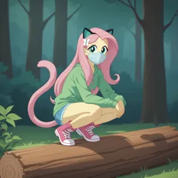 Size: 894x894 | Tagged: safe, ai content, derpibooru import, machine learning generated, prompter:kimberlite, stable diffusion, fluttershy, cat, human, equestria girls, g4, forest, image, jpeg, log, looking at you, mask, nature, squatting, tail, tree