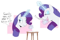 Size: 1544x1020 | Tagged: safe, artist:squeezy_squish, derpibooru import, part of a set, rarity, pony, unicorn, g4, bust, eating, emanata, eyes closed, female, horn, image, looking sideways, magic, magic aura, passepartout, petit four, png, smiling, solo, speech bubble, story included, table, this will end in weight gain, weight gain sequence