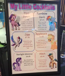 Size: 1764x2048 | Tagged: safe, derpibooru import, applejack, hitch trailblazer, pipp petals, rainbow dash, starlight glimmer, zipp storm, g4, g5, alcohol, cocktail, convention, drink, image, irl, jpeg, menu, photo, uk ponycon, you know for kids