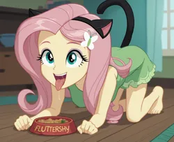 Size: 2048x1664 | Tagged: suggestive, ai content, derpibooru import, machine learning generated, prompter:kimberlite, stable diffusion, fluttershy, cat, human, equestria girls, g4, animal, bowl, drool, eating, fetish, food, food fetish, hungry, image, looking at you, pet bowl, pet food, pet play, png, tail, tongue out