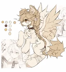 Size: 1254x1371 | Tagged: safe, artist:misty.mooon, derpibooru import, oc, human, pegasus, pony, adoptable, aether (genshin impact), anime, bandage, collar, ear piercing, earring, female, genshin impact, image, jewelry, jpeg, kinsona, mare, paws, piercing, spread wings, wings