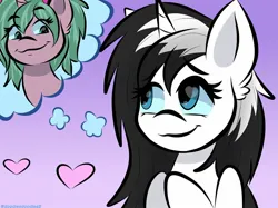 Size: 2048x1535 | Tagged: safe, artist:doodlesdoodles8, derpibooru import, oc, oc:magicalmysticva, oc:shouka, unofficial characters only, unicorn, couple, cute, female, girlfriend, heart, horn, image, jpeg, lesbian, thinking, thought bubble, white body