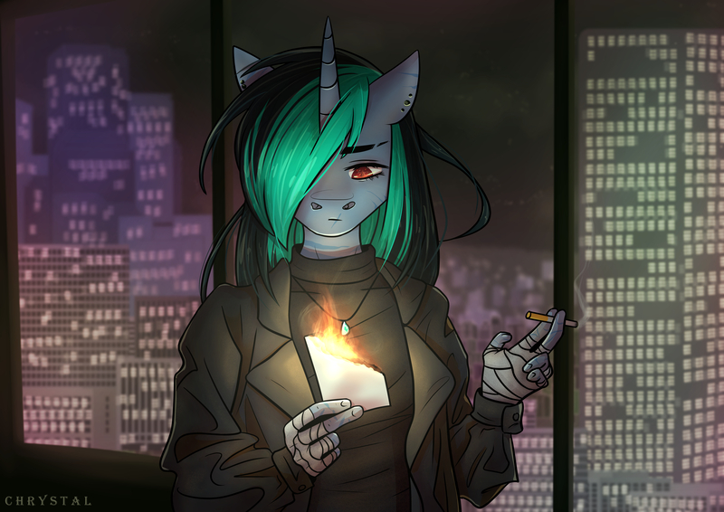 Size: 7016x4961 | Tagged: suggestive, artist:chrystal_company, derpibooru import, oc, oc:chrystal, unofficial characters only, anthro, human, pony, unicorn, cigarette, fire, horn, humanized, image, jpeg, window