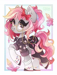 Size: 983x1280 | Tagged: safe, artist:crystal lagoon, derpibooru import, oc, oc:krista pebble, unofficial characters only, earth pony, abstract background, bow, clothes, curly mane, cute, dress, ear fluff, freckles, glasses, hair bow, image, jewelry, jpeg, krystal, looking at you, pink eyes, pink mane, ponytail, raised hoof, shirt, smiling, smiling at you, socks, star fox, stars, t-shirt, white socks