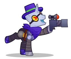 Size: 1280x1060 | Tagged: safe, artist:felikusstekill, derpibooru import, ponified, pony, robot, robot pony, unicorn, g4, bandana, base, base used, brawl stars, brawler, crossover, glasses, gun, hat, horn, image, male, png, rico, rico (brawl stars), ricochet, ricochet (brawl stars), solo, stallion, supercell, weapon