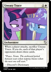 Size: 375x523 | Tagged: safe, derpibooru import, edit, trixie, twilight sparkle, alicorn, unicorn, g4, no second prances, ccg, clothes, hat, horn, image, magic the gathering, png, trading card, trading card edit, trading card game, trixie's hat, twilight's castle