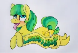 Size: 1280x871 | Tagged: safe, derpibooru import, oc, oc:lemon drop, unofficial characters only, earth pony, pony, ahegao, ahego meme, art meme, banner, blushing, crossed legs, female, food, image, jpeg, lemon, mare, mare fair, meme, open mouth, snowpity inc., solo, sour, tongue out, wide eyes, yellow