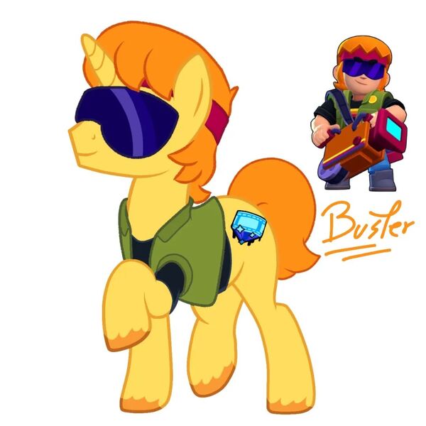 Size: 1080x1080 | Tagged: safe, artist:glass_squirrel, derpibooru import, part of a set, ponified, pony, unicorn, buster, buster (brawl stars), clothes, crossover, cutie mark, film, glasses, horn, image, jpeg, male, shirt, smiling, solo, stallion, supercell, t-shirt, unshorn fetlocks, vest