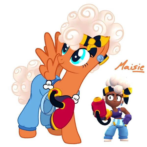 Size: 1080x1080 | Tagged: safe, artist:glass_squirrel, derpibooru import, part of a set, ponified, pegasus, pony, g4, brawl stars, brawler, clothes, crossover, curly hair, curly mane, curly tail, eyelashes, female, gloves, image, jpeg, maisie, maisie (brawl stars), mare, pants, prosthesis, short shirt, smiling, solo, supercell, tail