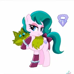 Size: 1440x1440 | Tagged: safe, derpibooru import, ponified, earth pony, pony, g4, bow, brawl stars, brawler, clothes, crossover, cutie mark, female, gloves, image, jewelry, jpeg, lola, lola (brawl stars), mare, simple background, smiling, solo, supercell, white background