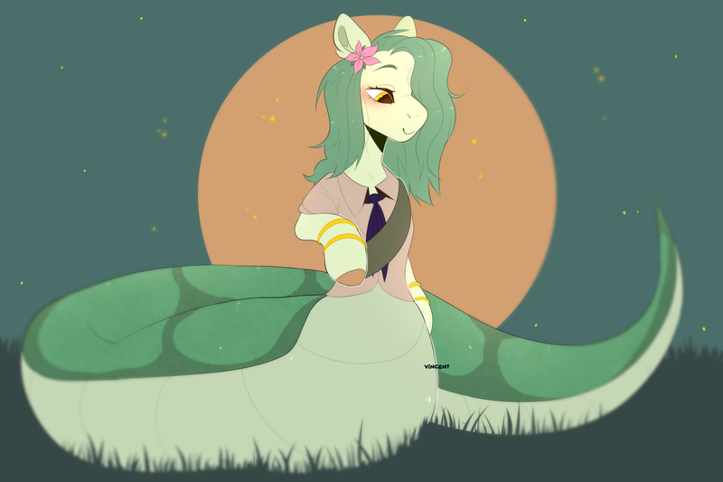 Size: 3900x2600 | Tagged: safe, artist:vincent, derpibooru import, oc, oc:lamey, unofficial characters only, lamia, original species, snake, snake pony, bracelet, clothes, flower, flower in hair, gold bracelet, grass, image, jewelry, long mane, necktie, outdoors, png, smiling, snakepony, sunset