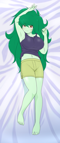 Size: 1668x3960 | Tagged: safe, alternate version, artist:batipin, derpibooru import, wallflower blush, human, equestria girls, g4, 2d, armpits, bangs, barefoot, belly, belly button, body pillow, breasts, busty wallflower blush, cleavage, clothes, eyebrows, eyebrows visible through hair, feet, female, freckles, image, legs, legs together, looking at you, png, shirt, shorts, sleeveless, smiling, smiling at you, solo, toes