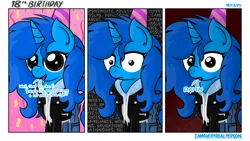 Size: 8192x4608 | Tagged: safe, artist:iamaveryrealperson, derpibooru import, oc, oc:"d", unofficial characters only, pony, unicorn, abstract background, birthday, blue coat, blue mane, blue pony, brown eyes, closed mouth, clothes, colored, comic, confetti, damn, date (time), denim, dialogue, eyelashes, female, frown, gradient background, hat, hoodie, horn, image, jacket, jeans, leather, leather jacket, long hair, long mane, long tail, mare, open mouth, pants, party hat, pinpoint eyes, png, pocket, signature, smiling, solo, standing, tail, talking, text, trans female, transgender, transgender oc, unicorn horn, unicorn oc, watermark, zipper