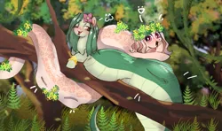 Size: 2061x1221 | Tagged: safe, artist:juiss, derpibooru import, oc, oc:ichordrop, oc:lamey, unofficial characters only, lamia, original species, snake, snake pony, bracelet, duo, duo female, female, floral head wreath, flower, flower in hair, foliage, forest, forest background, forked tongue, garland, gold bracelet, happy, image, jewelry, lying down, mother and child, mother and daughter, multiple prey, nature, one eye closed, outdoors, png, smiling, snakepony, tongue out, tree, unknown prey, vine, vore, wink