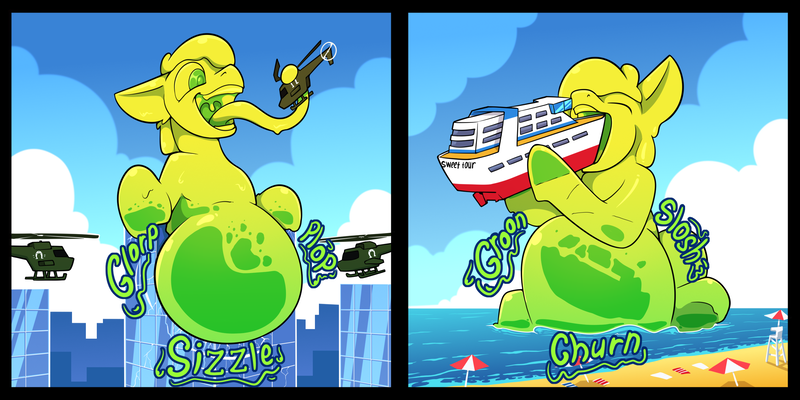 Size: 3000x1500 | Tagged: suggestive, artist:change, derpibooru import, part of a set, oc, oc:lemon drop, unofficial characters only, goo, goo pony, original species, beach, belly, building, city, comic, commissioner:lemondrop, cruise ship, digestion, goo ponified, growth, helicopter, image, long tongue, macro, ocean, onomatopoeia, open mouth, png, skyscraper, species swap, stomach noise, tongue out, tongue snare, tongue wrap, uvula, vore, water