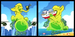 Size: 3000x1500 | Tagged: suggestive, artist:change, derpibooru import, part of a set, oc, oc:lemon drop, unofficial characters only, goo, goo pony, original species, beach, belly, building, city, comic, commissioner:lemondrop, cruise ship, digestion, goo ponified, growth, helicopter, image, long tongue, macro, ocean, onomatopoeia, open mouth, png, skyscraper, species swap, stomach noise, tongue out, tongue snare, tongue wrap, uvula, vore, water