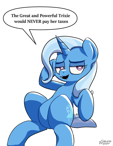 Size: 2000x2563 | Tagged: safe, artist:simpledoggo, derpibooru import, trixie, pony, unicorn, g4, featureless crotch, female, horn, image, looking at you, mare, png, simple background, sitting, solo, speech bubble, tax evasion, this will end in jail time, white background